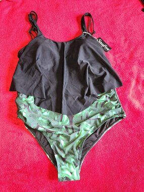 XXL Women's 2pc Bikini Tropical Bathing Suit Black Green Swimwear Beach Swimming